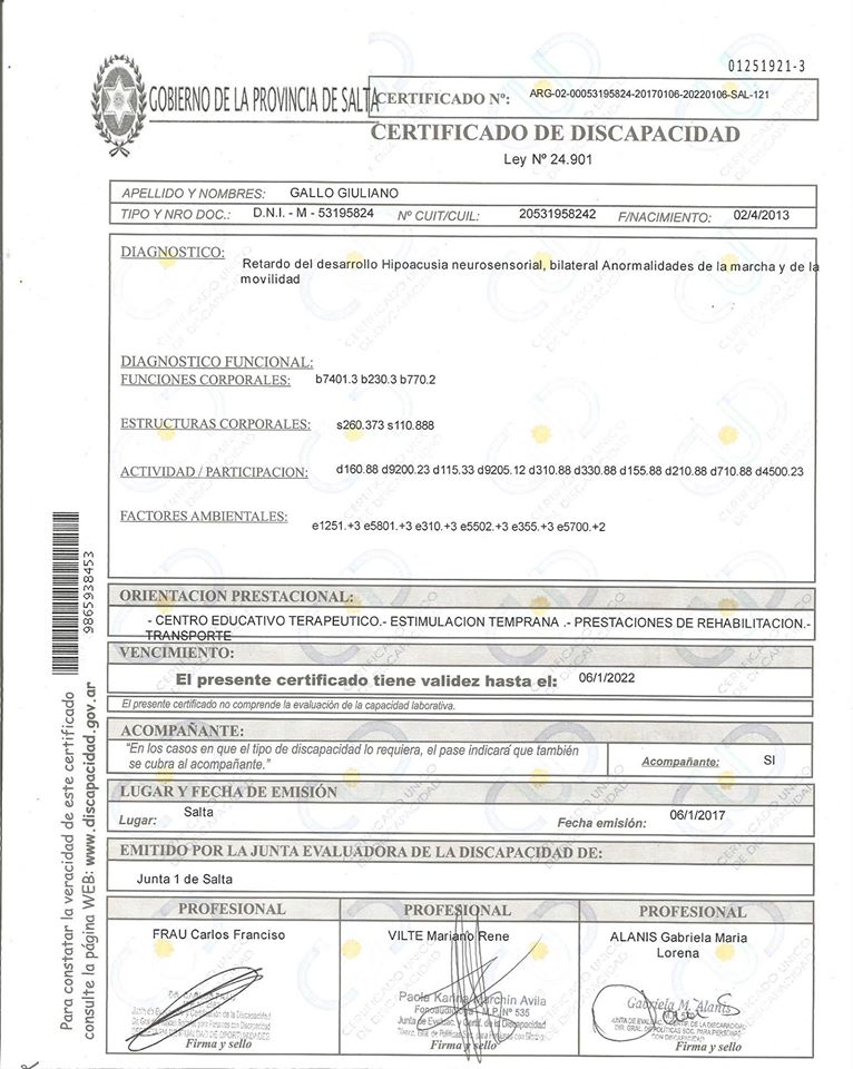 Certificado de Discapacidad Necesita un Implente coclear con Urgencia y la Obra social no se hace cargo. Giuliano tiene Hipoaucusia profunda bilateral neurosensorial