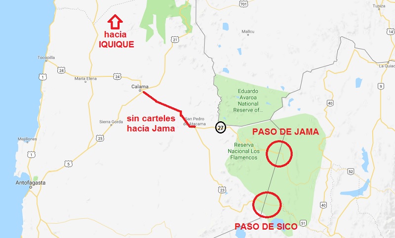 PIJOTERÍA SALTEÑA:  Sin carteles hacia Paso de Jama; desde Calama hasta San Pedro de Atacama parece que solo existe Sico