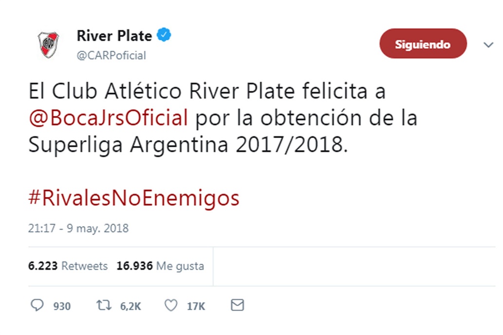 Boca campeón de la Superliga. El saludo de River a Boca en las redes sociales: #Rivalesnoenemigos